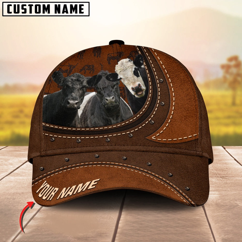 Texas Belted Galloway Leather Pattern Art Customized Name Cap, Farmer Cap, Cap For Farmers, Best Farm Hat, Farm Use Hat