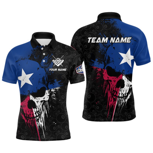 Texas Flag Grunge Skull 8 Ball Pattern Billiard Shirts Custom Patriotic Billiard Polo, Billiard Team Polo Shirts