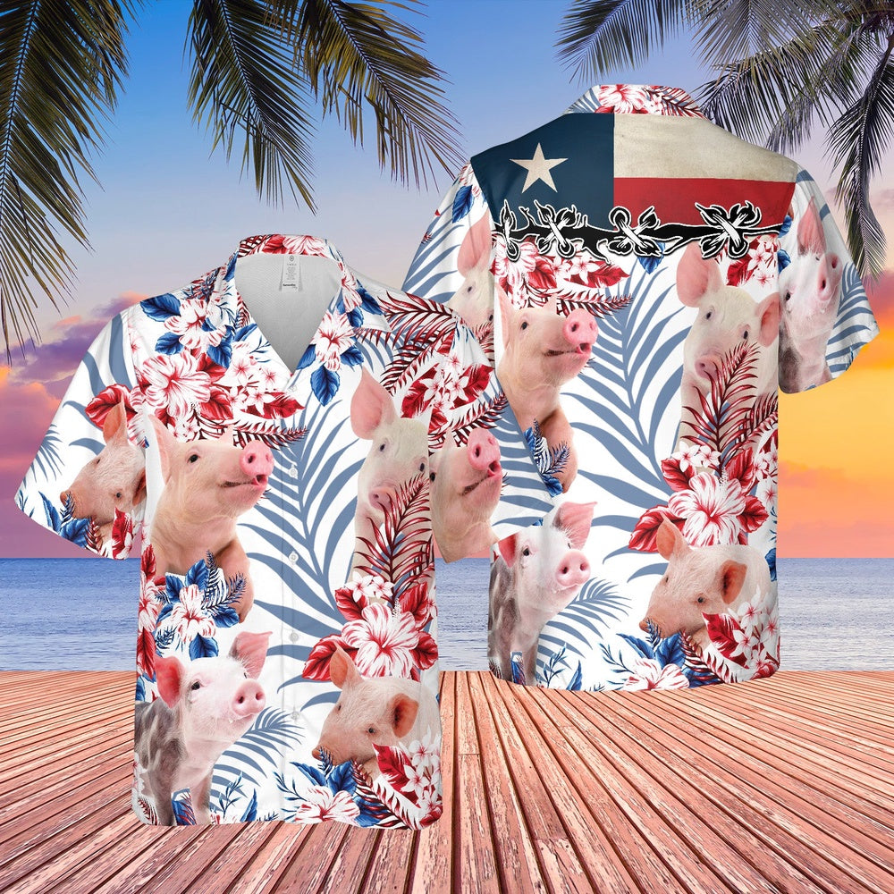 Texas Flag Hawaiian Theme For Pig Lovers All 3D Printed Hawaiian shirt, Farm Hawaiian Shirt, Farmer Hawaii
