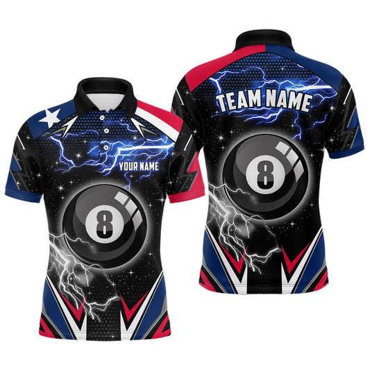 Texas Flag Lightning 8 Ball Billiard Custom Patriotic Team League Billiard Shirts, Billiard Team Polo Shirts