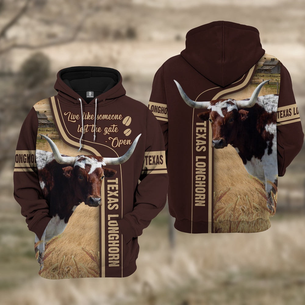Texas Longhorn All Over Printed 3D Hoodie, Farmer Hoodie, Farm Themed Shirts, Farm Tee Shirts