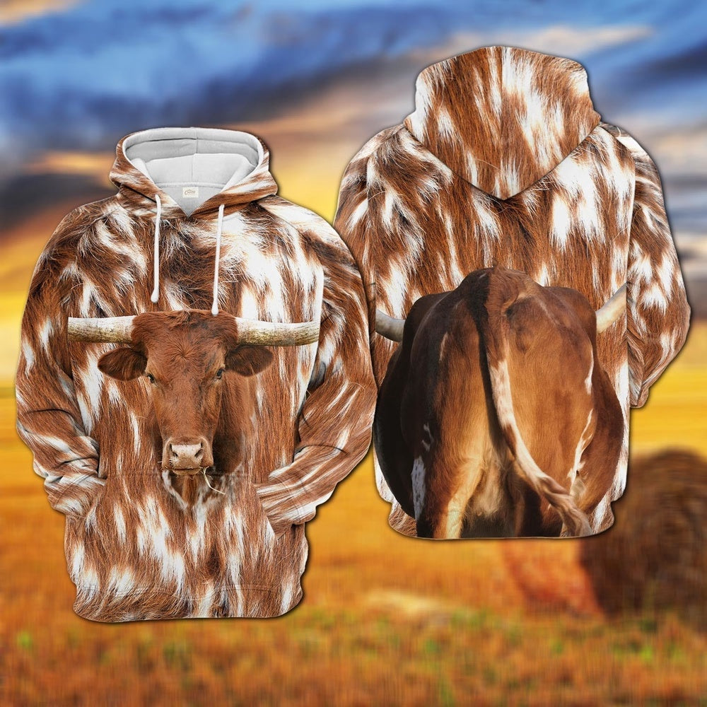 Texas Longhorn All Over Printed Hoodie, Farmer Hoodie, Farm Themed Shirts, Farm Tee Shirts