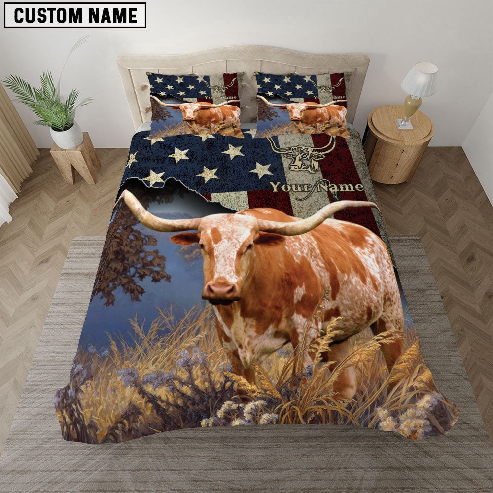 Texas Longhorn America Customized Name Bedding Set, Farm Bedding Set, Farmhouse Bedding Set