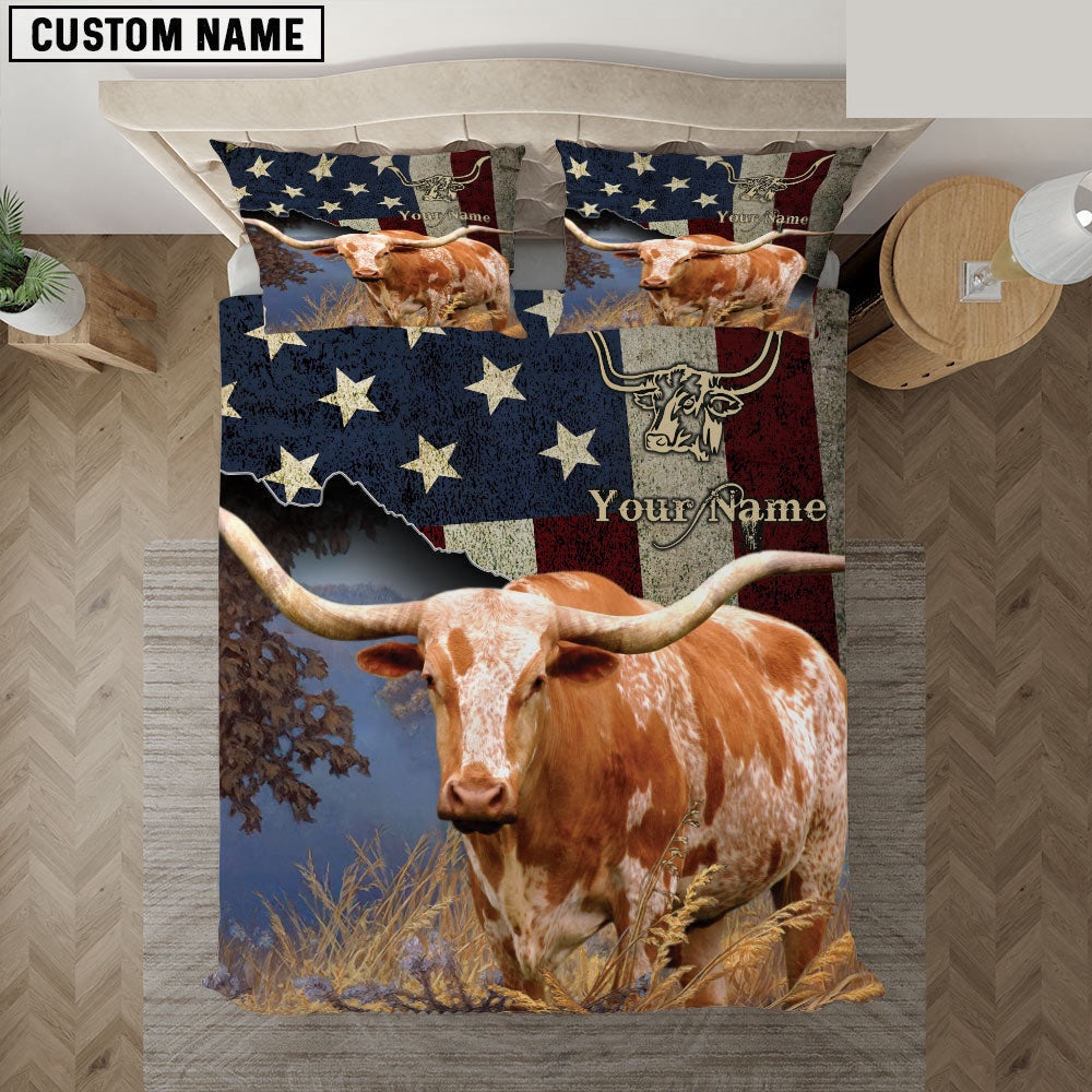 Texas Longhorn America Customized Name Bedding Set, Farm Bedding Set, Farmhouse Bedding Set