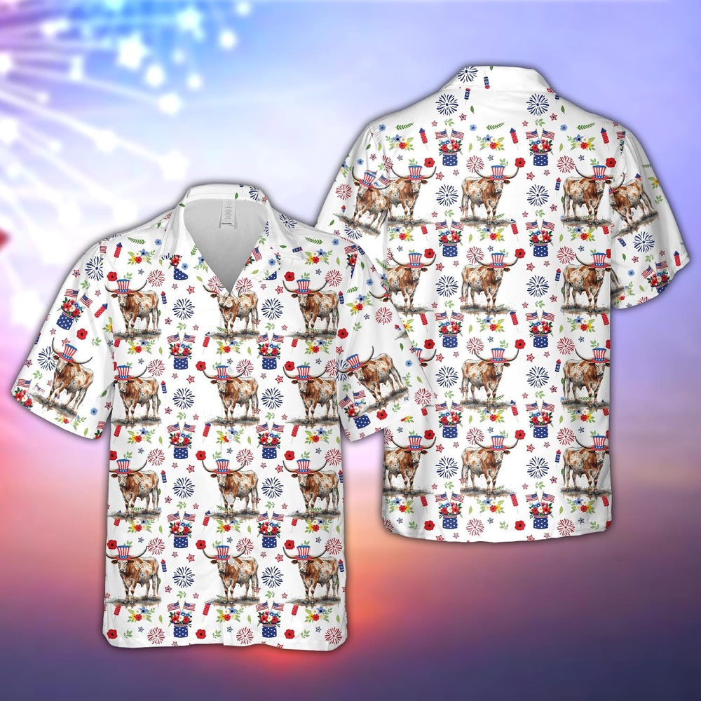 Texas Longhorn American Flag And Firework Pattern Hawaiian Shirt, Farm Hawaiian Shirt, Farmer Hawaii