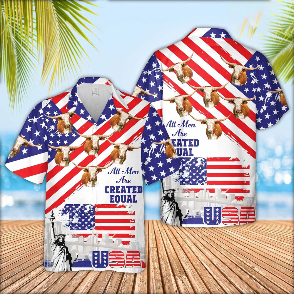Texas Longhorn Are Men Are Created Equal Hawaiian Shirt, Farm Hawaiian Shirt, Farmer Hawaii