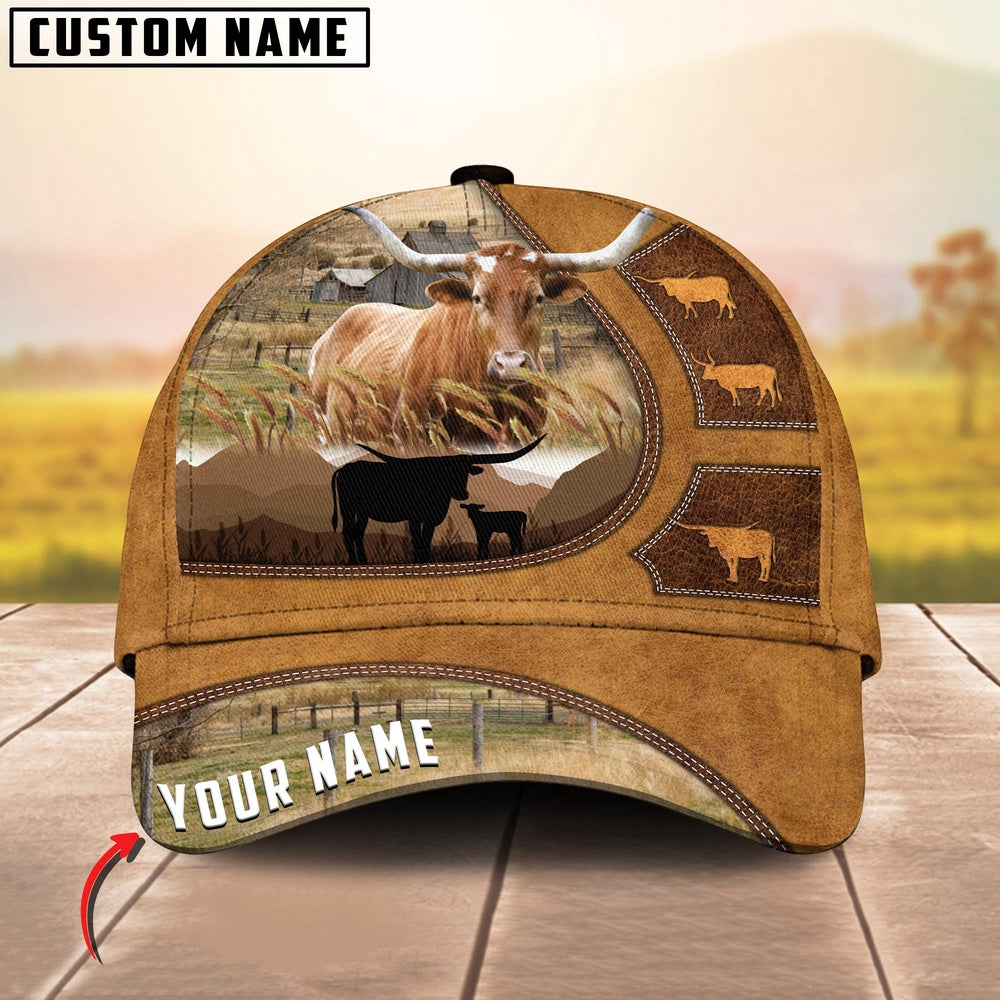 Texas Longhorn Art On Farm Yellow Leather Pattern Customized 3D Cap, Farmer Cap, Cap For Farmers, Best Farm Hat, Farm Use Hat
