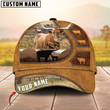 Texas Longhorn Art On Farm Yellow Leather Pattern Customized 3D Cap, Farmer Cap, Cap For Farmers, Best Farm Hat, Farm Use Hat