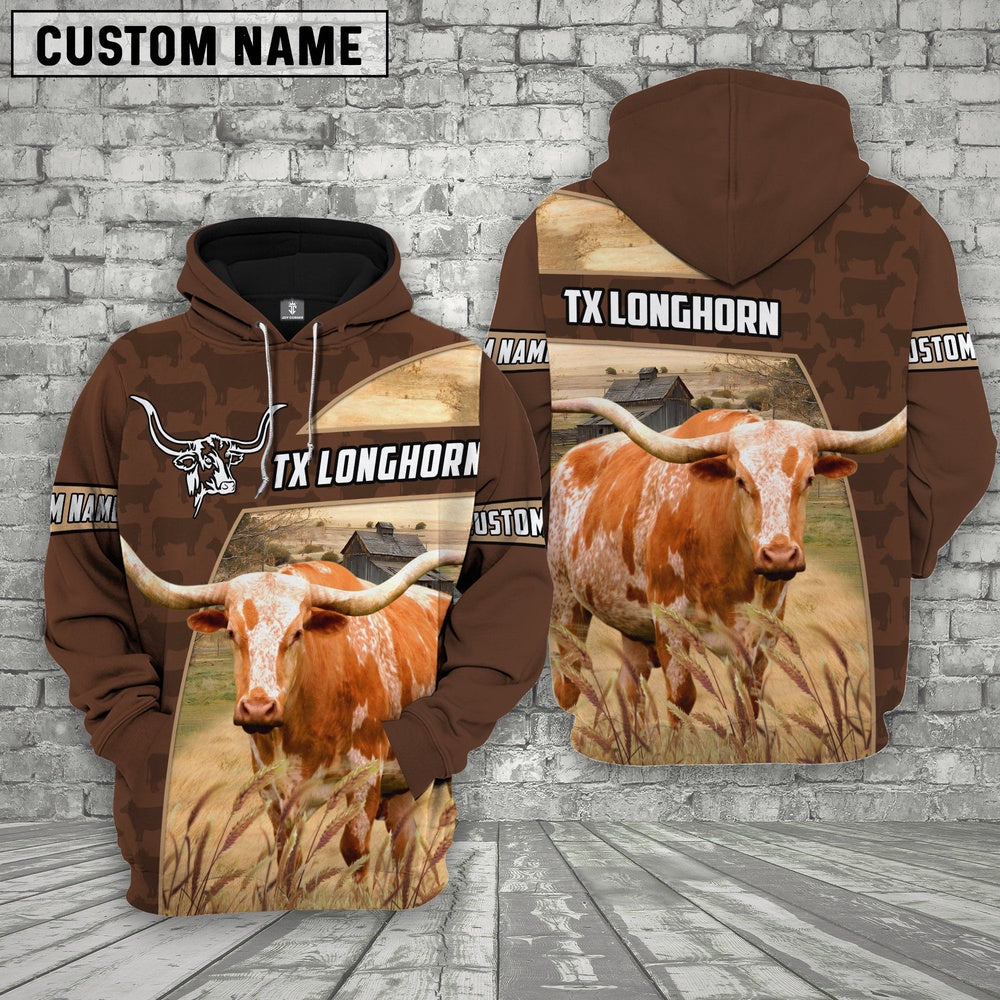 Texas Longhorn Brown Farm Personalized 3D Hoodie, Farmer Hoodie, Custom Farm Shirts, Farmer T Shirt