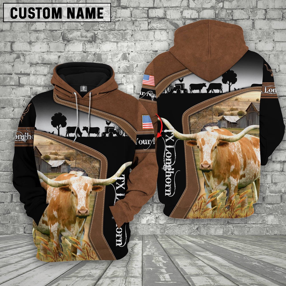 Texas Longhorn Brown Leather Pattern Custom Name Shirts, Farmer Hoodie, Custom Farm Shirts, Farmer T Shirt