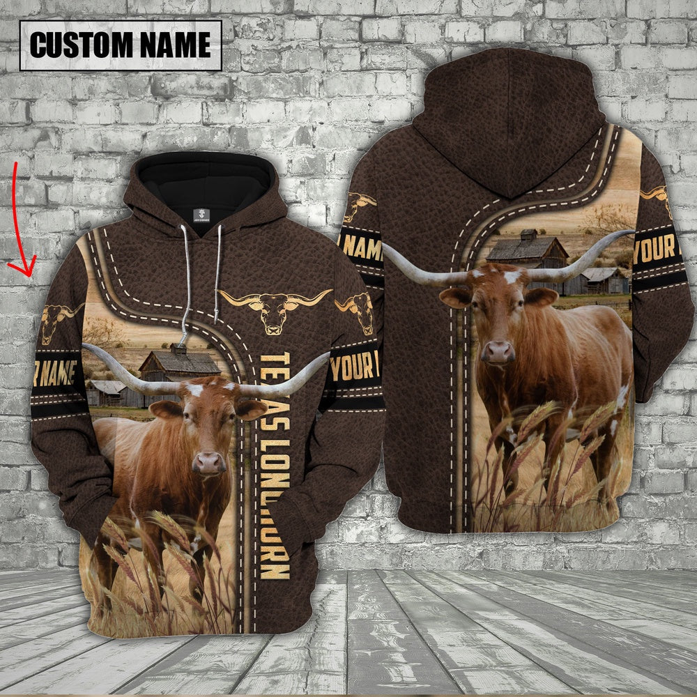 Texas Longhorn Brown Leather Personalized 3D Hoodie, Farmer Hoodie, Custom Farm Shirts, Farmer T Shirt