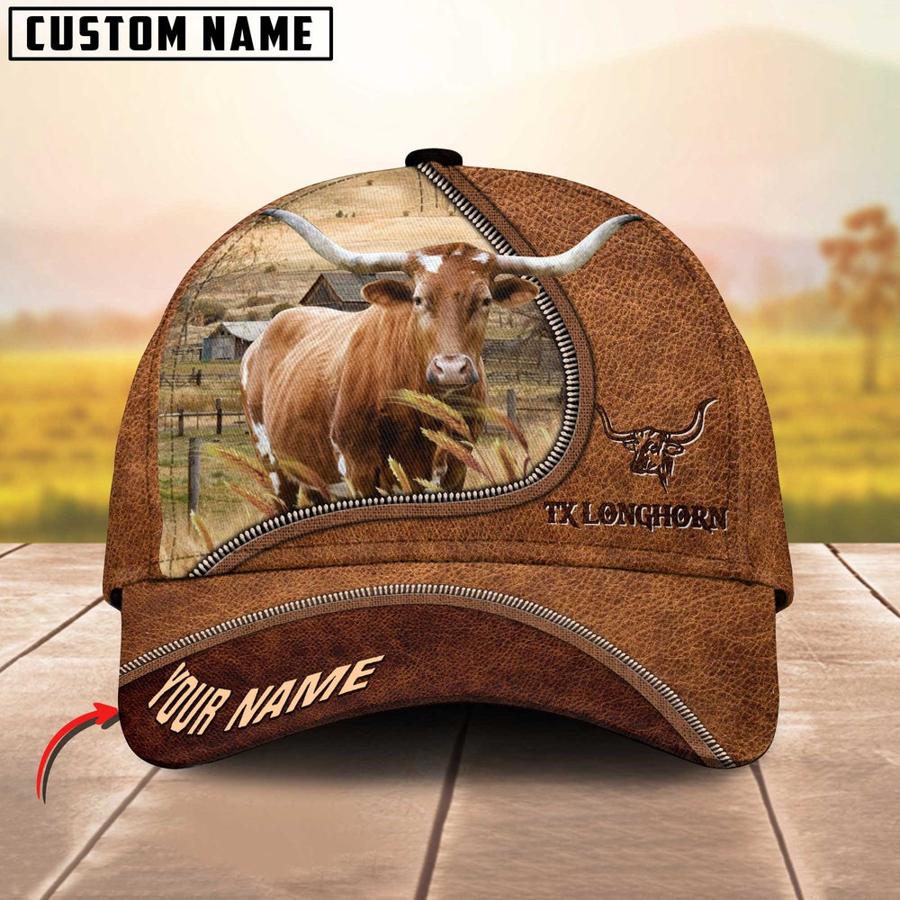 Texas Longhorn Brown Leather Zip Pattern Customized Name Cap, Farmer Cap, Cap For Farmers, Best Farm Hat, Farm Use Hat
