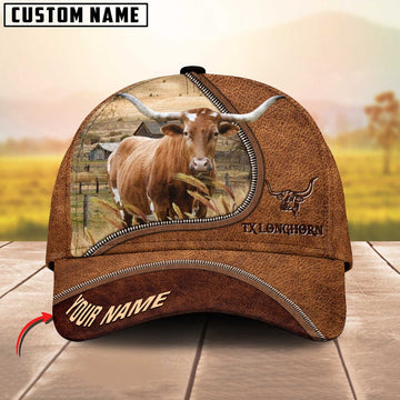 Texas Longhorn Brown Leather Zip Pattern Customized Name Cap, Farmer Cap, Cap For Farmers, Best Farm Hat, Farm Use Hat