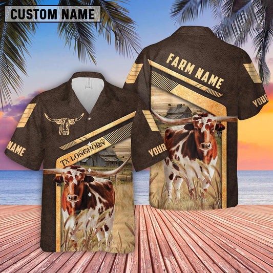 Texas Longhorn Brown Pattern Customized Name Hawaiian Shirt, Farm Hawaiian Shirt, Farmer Hawaii