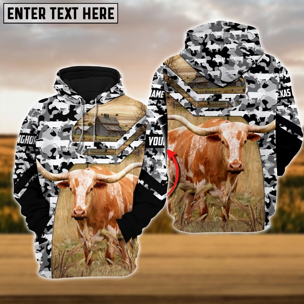 Texas Longhorn Camo Animal Pattern Personalized 3D Hoodie, Farmer Hoodie, Custom Farm Shirts, Farmer T Shirt