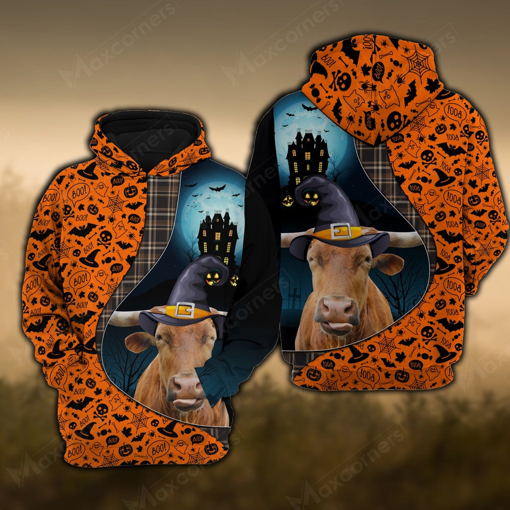 Texas Longhorn Castle Halloween Pattern 3D Hoodie, Farmer Hoodie, Farm Themed Shirts, Farm Tee Shirts