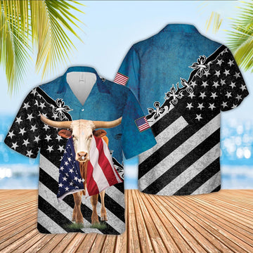Texas Longhorn Cattle American Flag Hawaiian Shirt, Farm Hawaiian Shirt, Farmer Hawaii