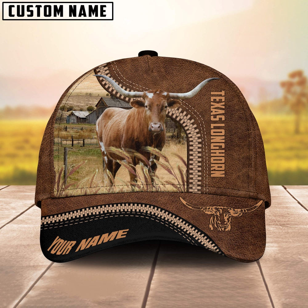 Texas Longhorn Cattle Customized Name 3D Printed Cap, Farmer Cap, Cap For Farmers, Best Farm Hat, Farm Use Hat