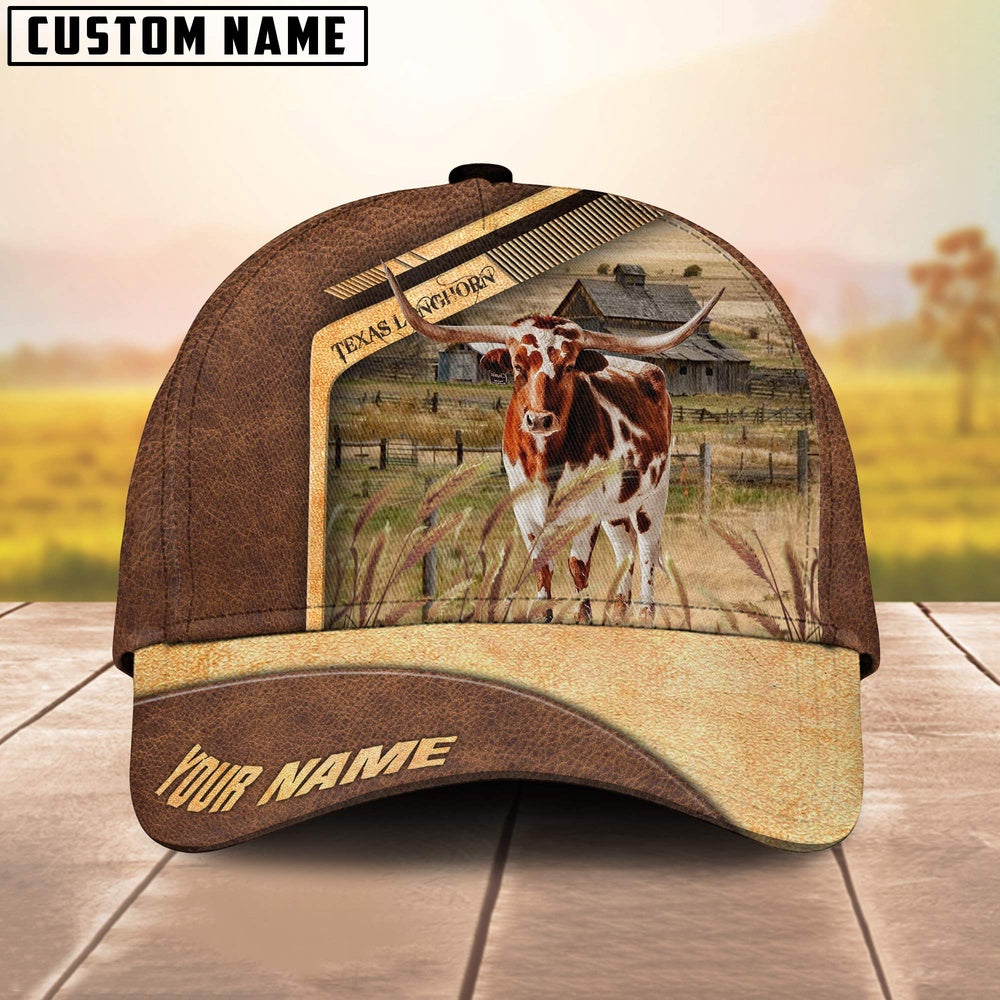 Texas Longhorn Cattle Customized Name Brown Farm Cap, Farmer Cap, Cap For Farmers, Best Farm Hat, Farm Use Hat