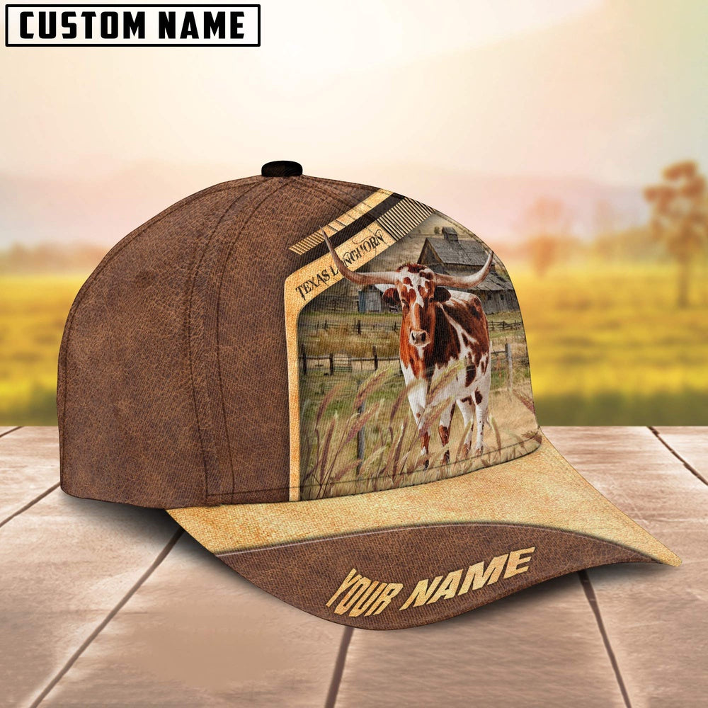 Texas Longhorn Cattle Customized Name Brown Farm Cap, Farmer Cap, Cap For Farmers, Best Farm Hat, Farm Use Hat
