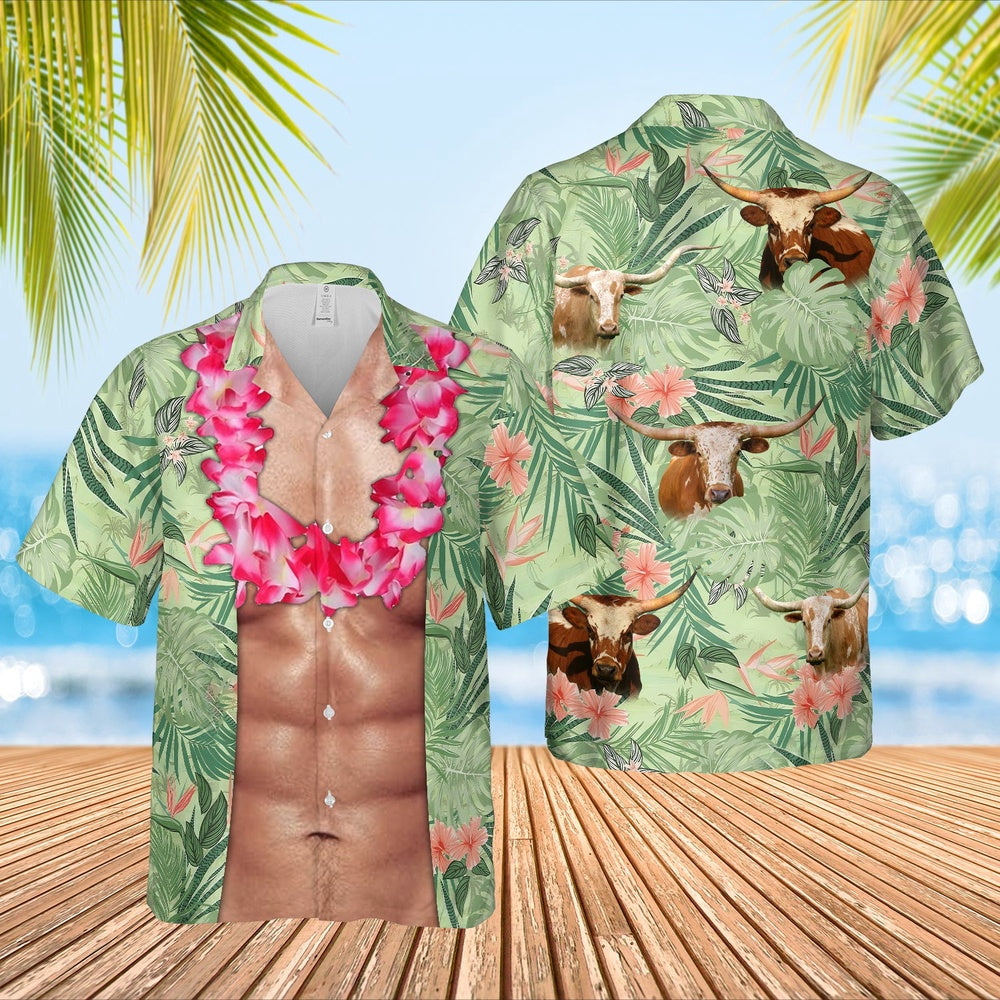 Texas Longhorn Cattle Funny 6-pack Body Hawaiian Shirt, Farm Hawaiian Shirt, Farmer Hawaii