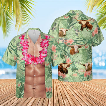 Texas Longhorn Cattle Funny 6-pack Body Hawaiian Shirt, Farm Hawaiian Shirt, Farmer Hawaii