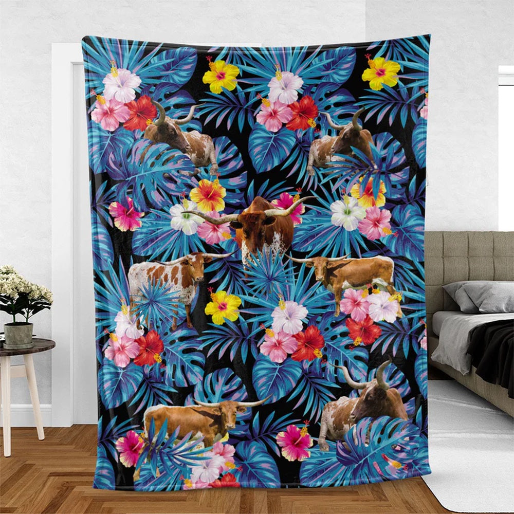 Texas Longhorn Cattle Hawaiian Pattern Blanket, Farm Blanket, Farm Animal Blanket