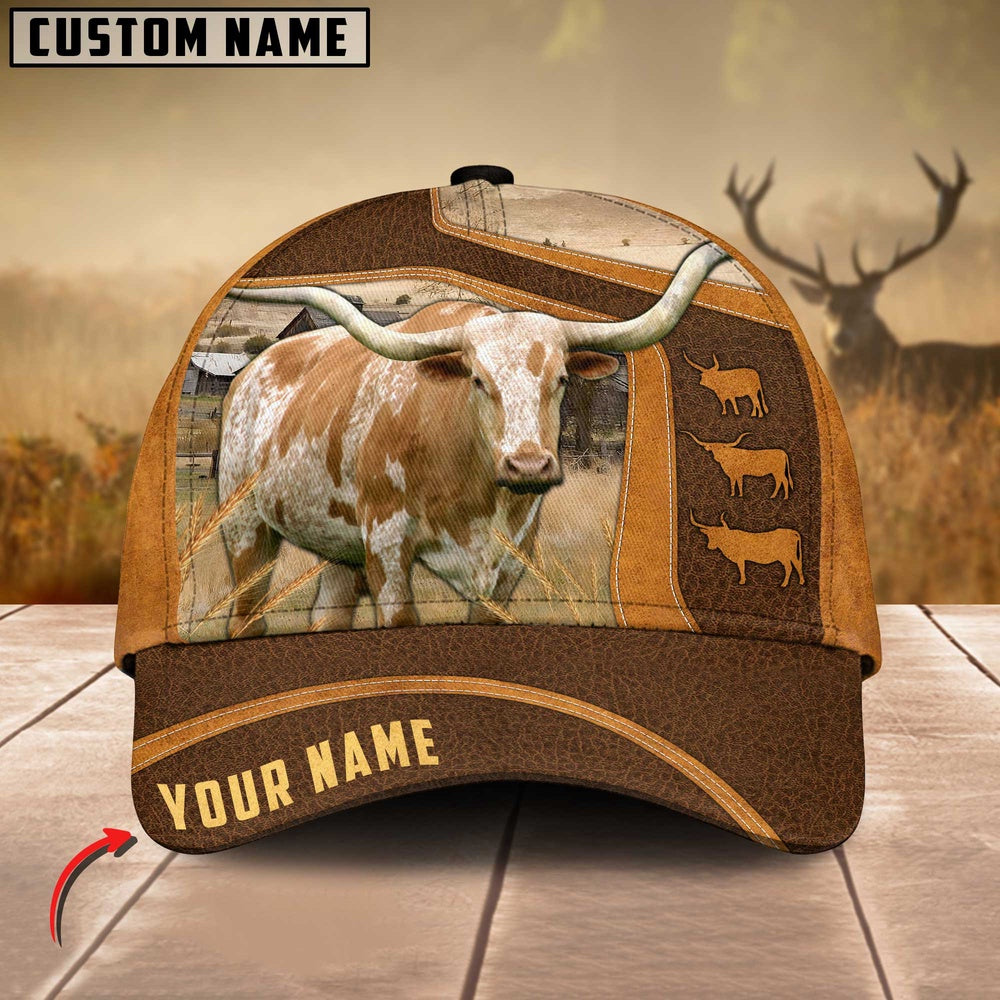 Texas Longhorn Cattle Leather Pattern Customized Name Cap, Farmer Cap, Cap For Farmers, Best Farm Hat, Farm Use Hat