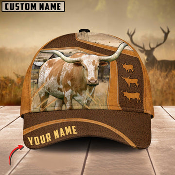 Texas Longhorn Cattle Leather Pattern Customized Name Cap, Farmer Cap, Cap For Farmers, Best Farm Hat, Farm Use Hat