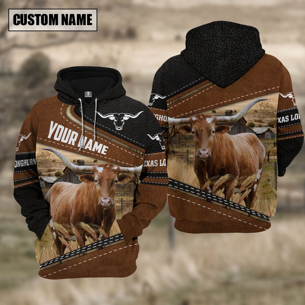 Texas Longhorn Cattle Leather Pattern Farm Personalized 3D Hoodie, Farmer Hoodie, Custom Farm Shirts, Farmer T Shirt