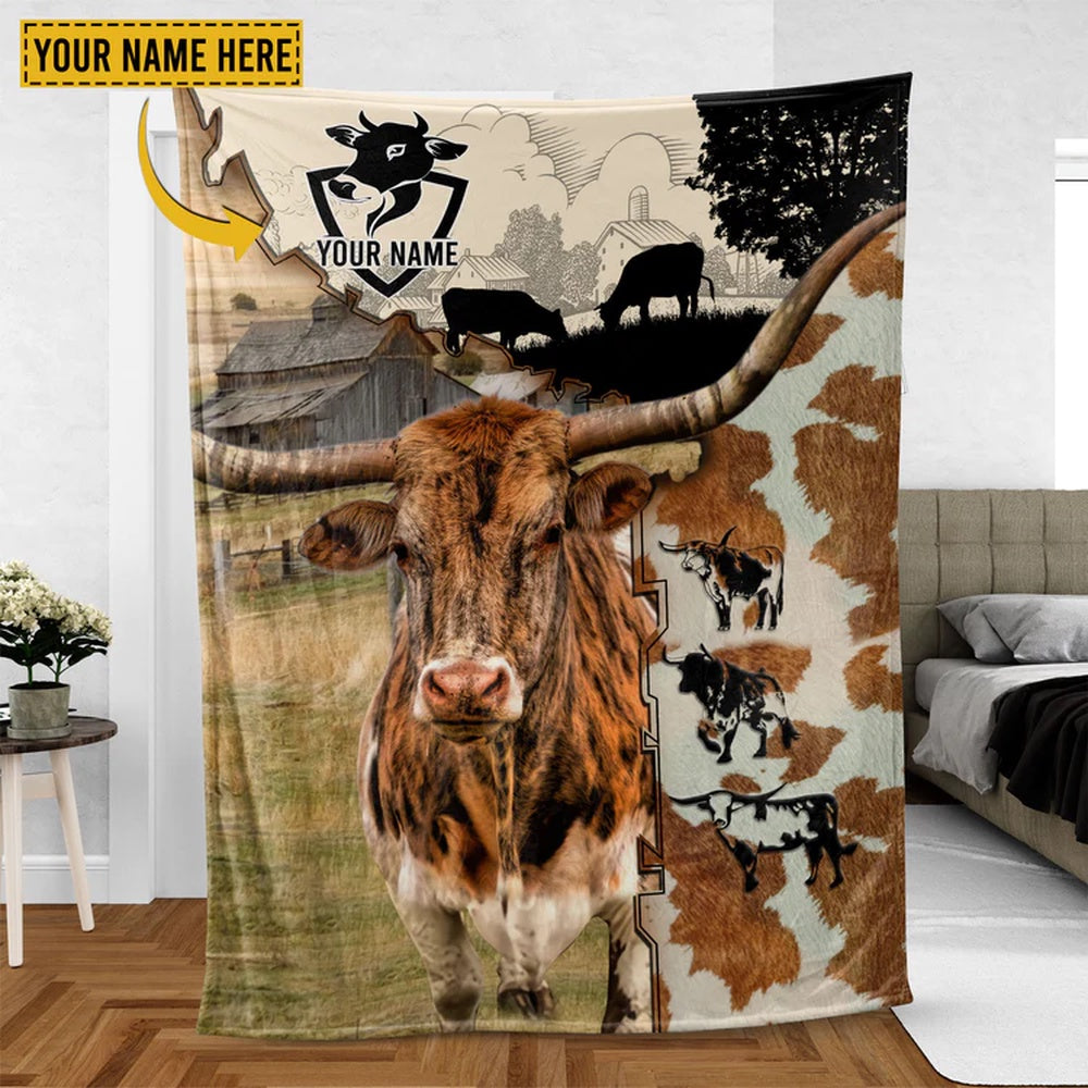 Texas Longhorn Cattle Personalized Name Feather Pattern Blanket, Farm Blanket, Farm Animal Blanket