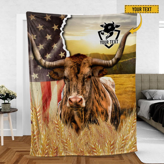 Texas Longhorn Cattle Personalized Name U.S Flag Blanket, Farm Blanket, Farm Animal Blanket