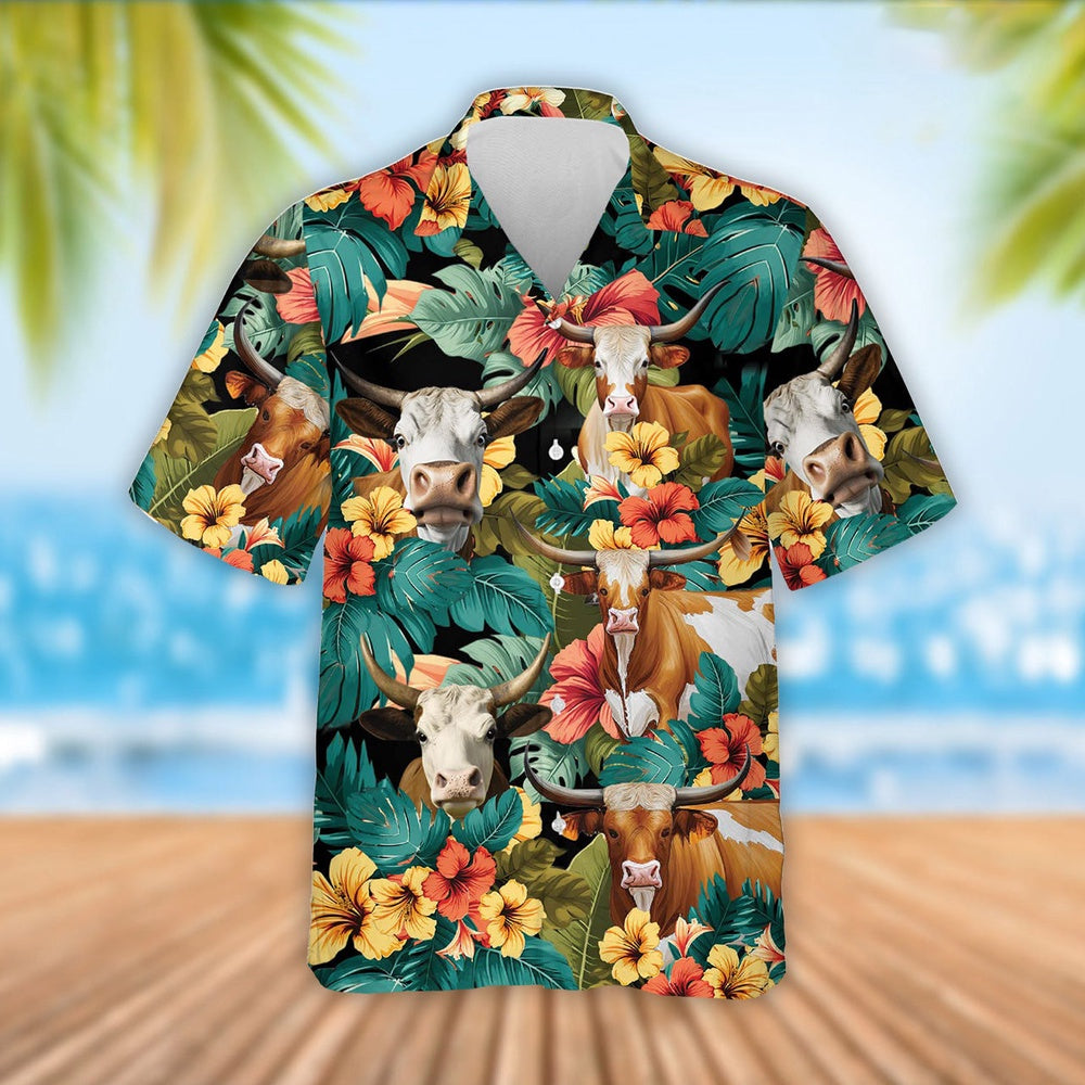Texas Longhorn Cattle Tropical Flowers Hawaiian Shirt, Farm Hawaiian Shirt, Farmer Hawaii