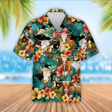Texas Longhorn Cattle Tropical Flowers Hawaiian Shirt, Farm Hawaiian Shirt, Farmer Hawaii