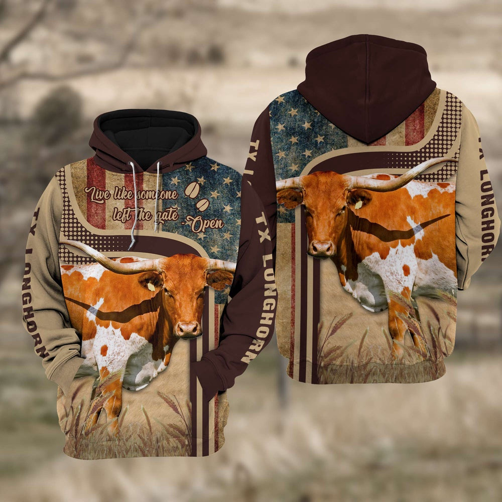 Texas Longhorn Cattle US Flag All Over Printed Cattle Hoodie TT5, Farmer Hoodie, Farm Themed Shirts, Farm Tee Shirts