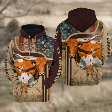 Texas Longhorn Cattle US Flag All Over Printed Cattle Hoodie TT5, Farmer Hoodie, Farm Themed Shirts, Farm Tee Shirts