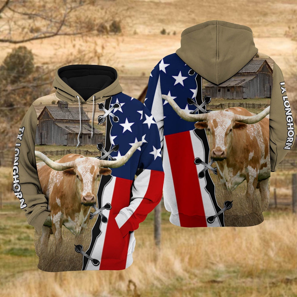 Texas Longhorn Cattle US Flag All Over Printed Hoodie, Farmer Hoodie, Farm Themed Shirts, Farm Tee Shirts