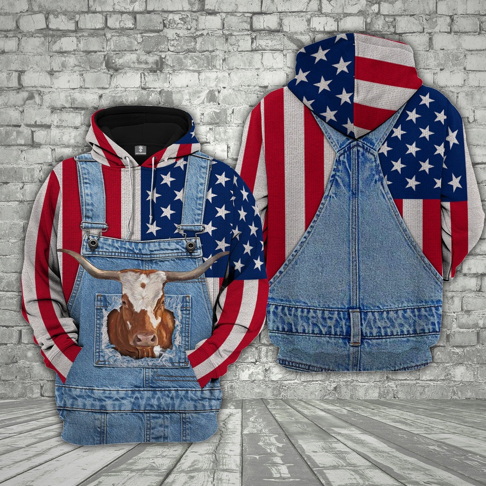 Texas Longhorn Cattle US Flag Farm Personalized 3D Hoodie, Farmer Hoodie, Custom Farm Shirts, Farmer T Shirt