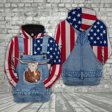 Texas Longhorn Cattle US Flag Farm Personalized 3D Hoodie, Farmer Hoodie, Custom Farm Shirts, Farmer T Shirt
