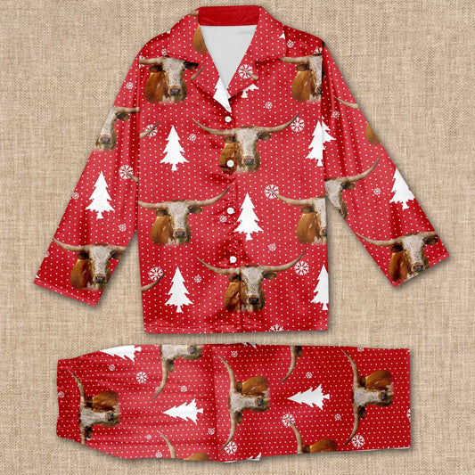 Texas Longhorn Chrismas Pattern All Over Print Pajamas Sets, Farm Pajamas, Farm Animal Pajamas, Christmas Farm Pajamas