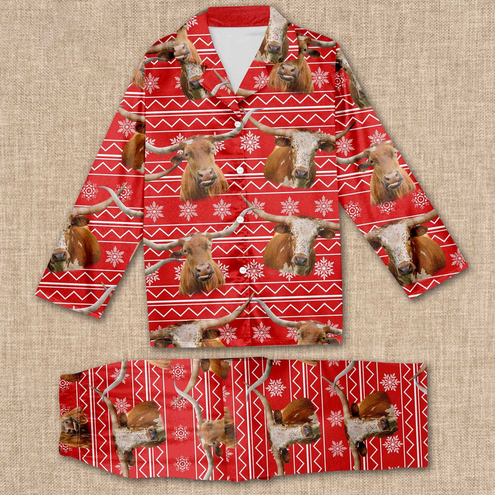 Texas Longhorn Christmas Pattern All Over Print Pajamas Sets, Farm Pajamas, Farm Animal Pajamas, Christmas Farm Pajamas