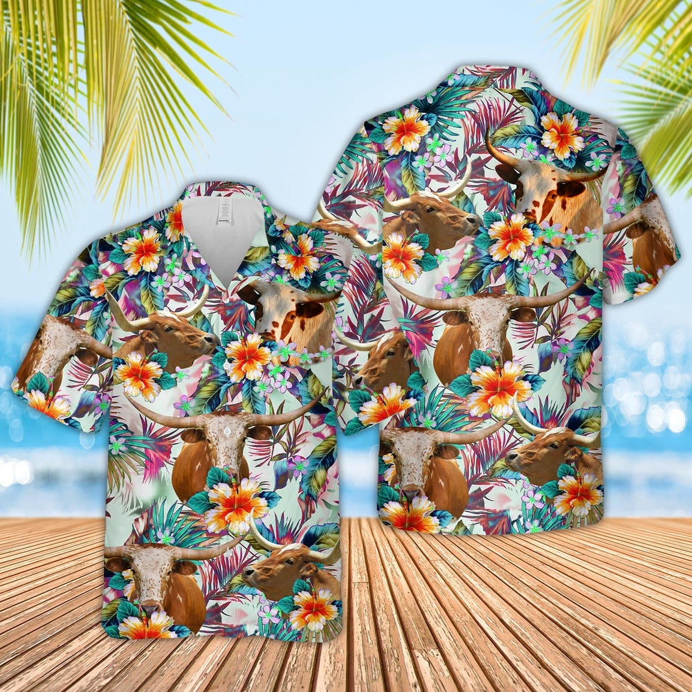 Texas Longhorn Cows with Flowers Hawaiian Shirt, Farm Hawaiian Shirt, Farmer Hawaii