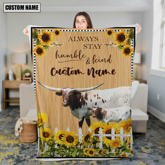 Texas Longhorn Custom Name Always Stay Humble and Kind Blanket, Farm Blanket, Farm Animal Blanket