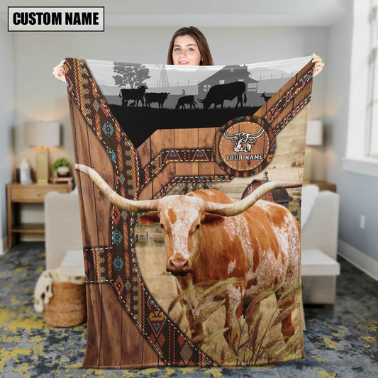 Texas Longhorn Custom Name Brocade Pattern Blanket, Farm Blanket, Farm Animal Blanket