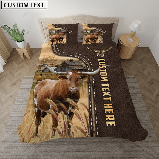 Texas Longhorn Custom Text Leather Pattern Bedding Set, Farm Bedding Set, Farmhouse Bedding Set