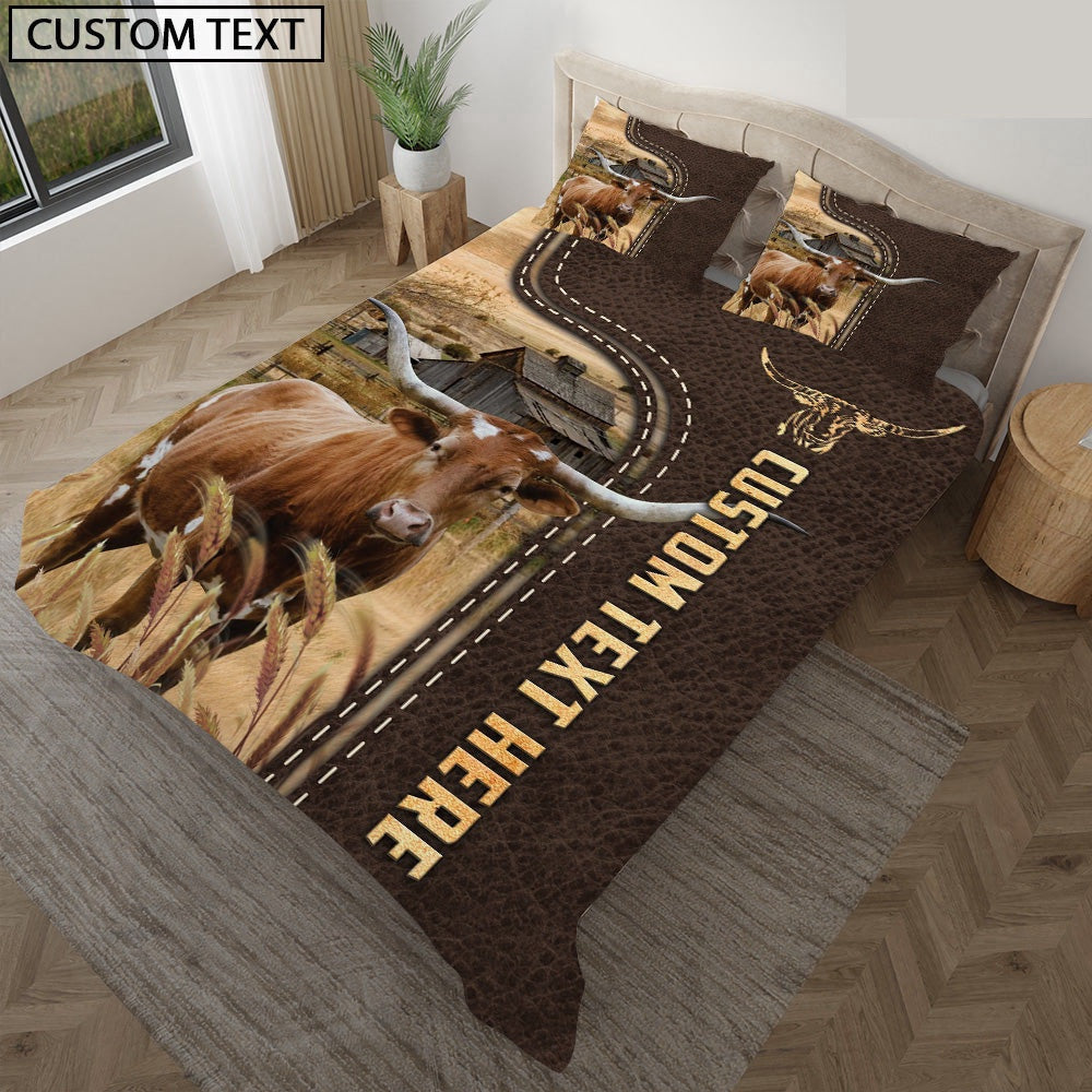 Texas Longhorn Custom Text Leather Pattern Bedding Set, Farm Bedding Set, Farmhouse Bedding Set