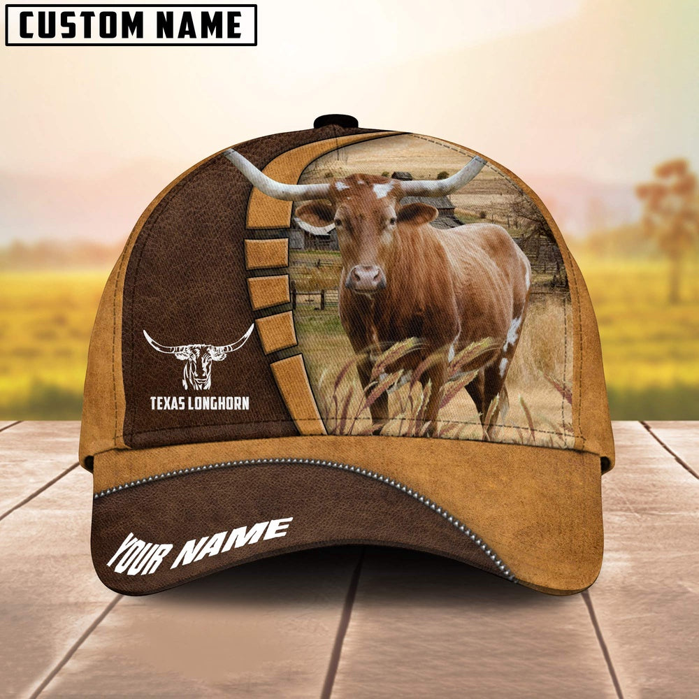 Texas Longhorn Customized Name Brown 3D Cap, Farmer Cap, Cap For Farmers, Best Farm Hat, Farm Use Hat