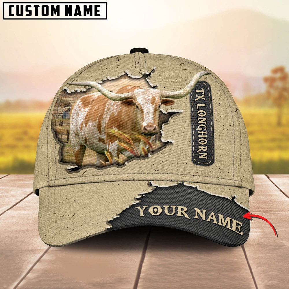 Texas Longhorn Customized Name Khaki Leather Pattern Cap, Farmer Cap, Cap For Farmers, Best Farm Hat, Farm Use Hat