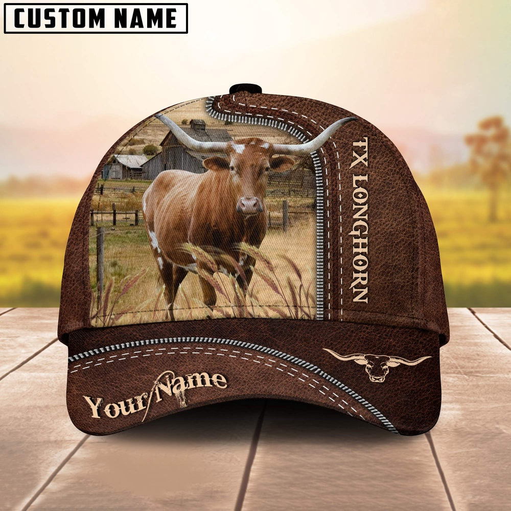 Texas Longhorn Customized Name Leather Pattern Cap, Farmer Cap, Cap For Farmers, Best Farm Hat, Farm Use Hat