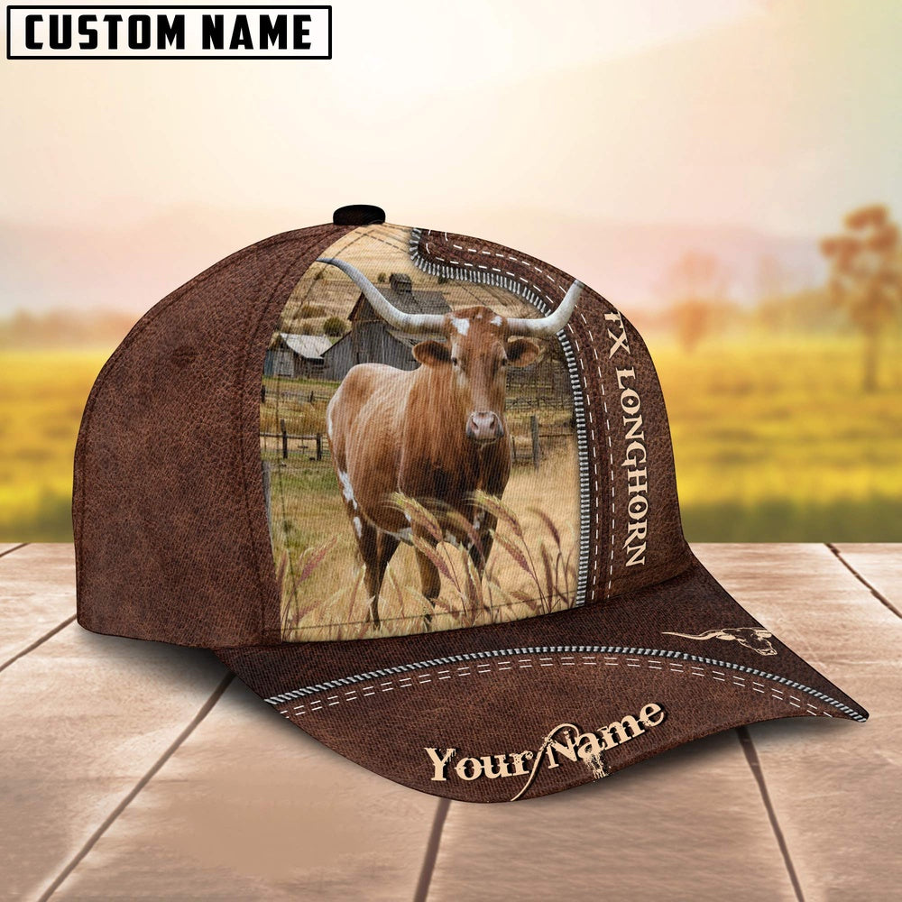 Texas Longhorn Customized Name Leather Pattern Cap, Farmer Cap, Cap For Farmers, Best Farm Hat, Farm Use Hat